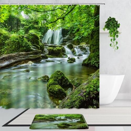 3D Forest Waterfall Landscape Shower Curtains Green Plants Stone Moss Natural Scenery Bathroom Set Non-Slip Carpet Bath Curtain