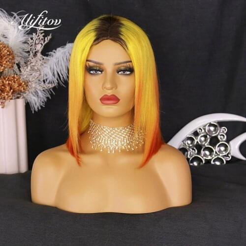 ALIFITOV Ombre Yellow Orange Lace Front Wigs Short Bob Wig Pre-Plucked Remy Hair Human Hair Wigs with Baby Hair