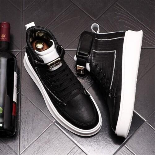 White Black Leather Men High Tops Punk Sneakers Hip Hop Skateboard flats Height Increasing Platform Shoes Zapatillas Hombre