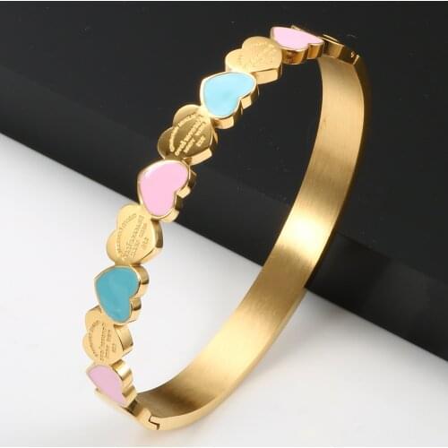Cute Love Heart Gold Plating Staiess Steel Lucky Cuff Bangles Women Girls Wedding Party Charm Bangles Jewelry Gift