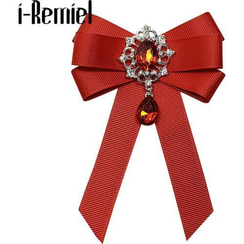 I-Remiel Fashion Red Ribbon Bow Brooch Rhinestone Crystal Fabric Cloth Art Luxury Wedding Dress Pins And Brooches Gift For Women