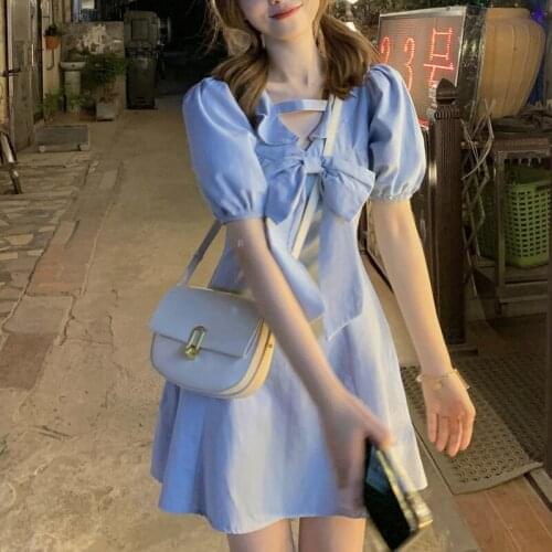 Hstar Bubble Sleeve Summer Light Vestidos Japanese Kawaii Sweet Mini Dress Women Elegant Cute Holiday Bowknot Ruffle Dress