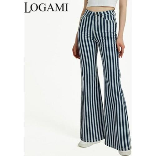 LOGAMI Fashion Vertical Striped Pants Women Stretch High Waist Casual Flared Wide Leg Womens Trousers