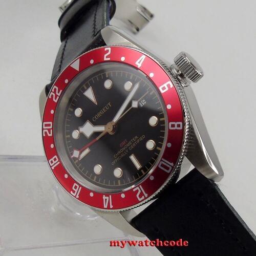 41mm corgeut black dial silver marks GMT Sapphire Glass Automatic mens Watch