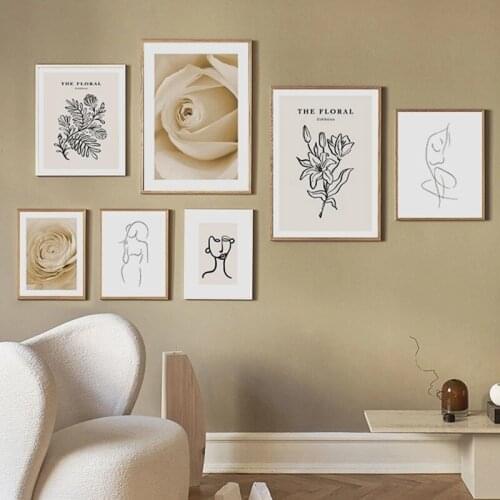 Beige Flowers Posters Beauty Line Drawing Wall Prints Leaves Retro Canvas Painting Nordic Wall Pictures Living Room Home Decor