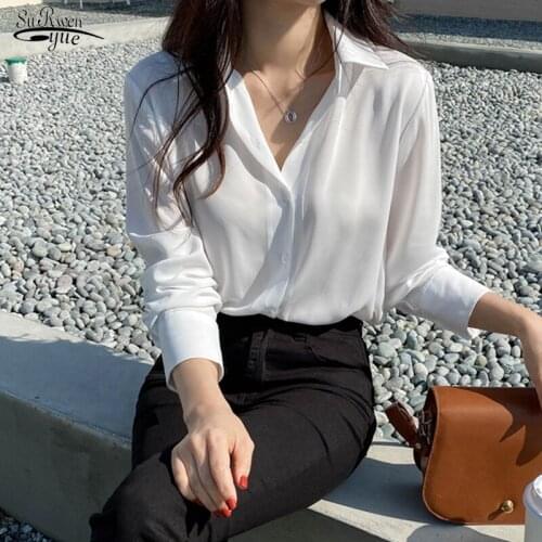 New Chiffon Blouse White Women Shirts Female Oversized Loose Long Sleeve Clothing Button Up Office Lady Black Tops Blusas 6830