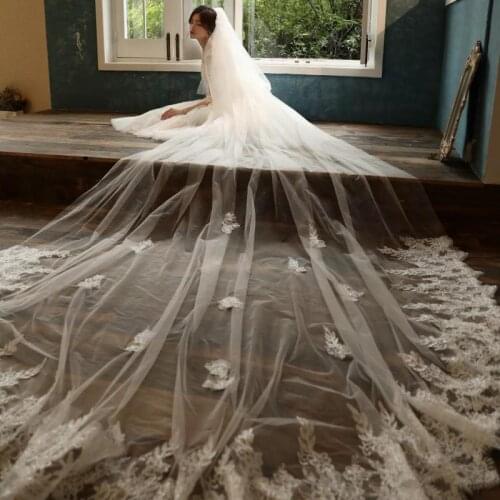New Design Bling Sequins Lace Villus 3.5 Meters Long Wedding Veil With Comb Luxury Cathedral Length Nature White Longbridal Veil