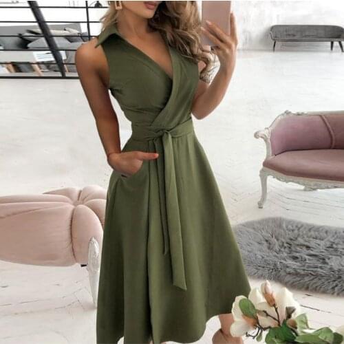 Elegant Off Shoulder Belt Shirt Dress Sexy Deep V-Neck Sleeveless A-Line Dress Women Casual Solid Color Belt Midi Dress Vestidos