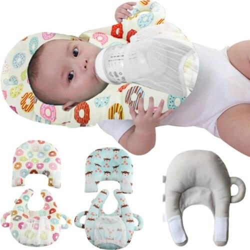 Baby Nursing Cushion Anti Roll Prevent Flat Comfortable Baby Feeding Pillow Head Cushion with Bottle Holder Hand Free Portable