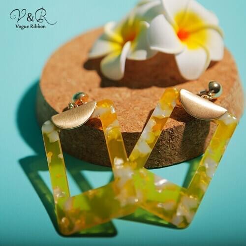 Sterling Post Drop Earring Half Ball Stud With Rectangle Yellow Acetate Transparent Purple Acrylic