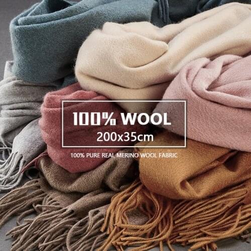 Winter 100% Pure Wool Scarf Shaw Warmer Women Echarpe Wrap with Tassel Pashmina Foulard Femme Merino Cashmere Scarves for Ladies