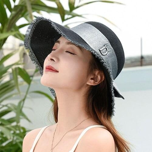Elegant Womens Summer Hat Sun Protection Cap Female Flat Top Letter Wide Brim Hat Bow Ribbon Fringe Straw Hat Beach Hat Sun Hat