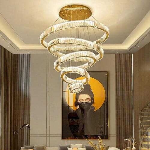 Modern Chandelier for Living Room Large Hotel Hall High Staircase LED Crystal Chandeliers Round Ring Lamp Home Decor Lights
