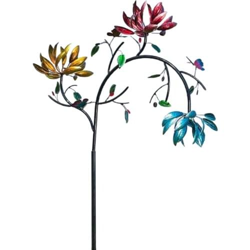 T21D Large Metal Wind Spinner with Three Spinning Flowers Butterflies Windmill Decor