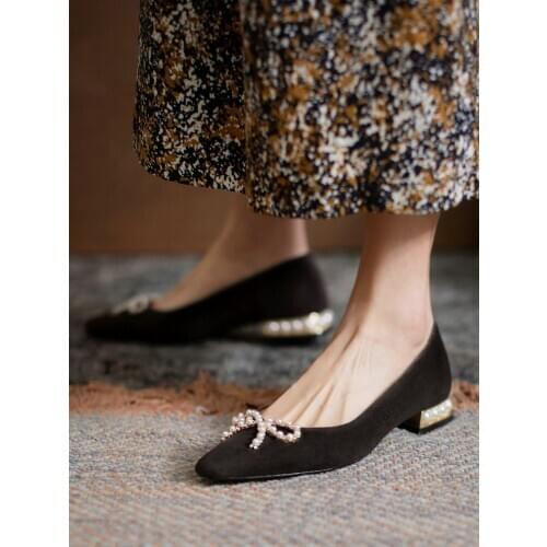 EshtonShero Kid Suede Pointed Toe Shoes Woman Flat Heels Spring Fashion String Bead Working Office Lady Women Shoes
