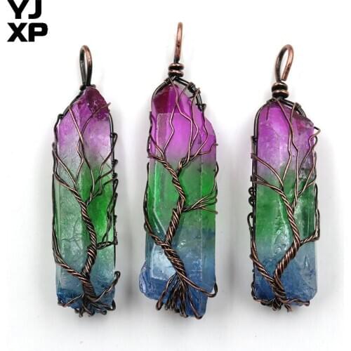 YJXP Irregular Crystal Pillar Pendant Wire Wrap Tree of Life Spiritual Reiki Healing Charms Jewelry for Women Men Necklace 1 Pc