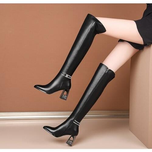 New fashion warm Genuine leather Knee high boots snow boots Women boots Hollow out high heels True fur 100% cowhide Women shoes