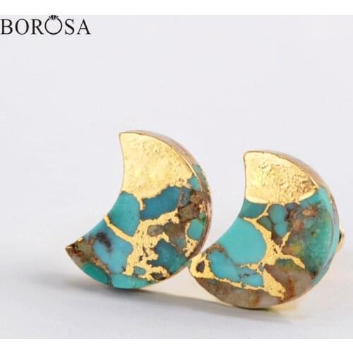 Crescent Moon Gold Plating Natural Turquoises Stud Earrings with Copper Line New Fashion Natural Stone Earrings for Women G1988