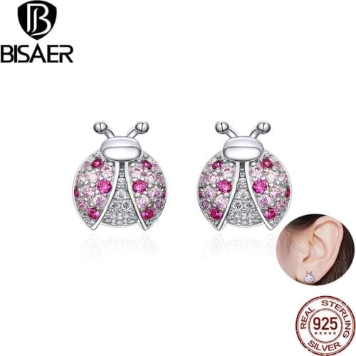 Ladybug earrings BISAER 925 sterling silver exquisite insect small ladybug stud earrings for women luxury jewelry ECE715