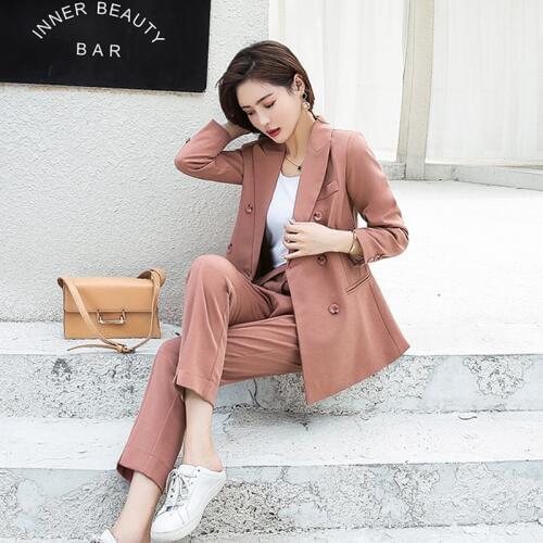 Autumn Women Pant Suits Double Breasted Notched Collar Jacket Blazer & Sashes Pant Casual Female Work Suits High Quality