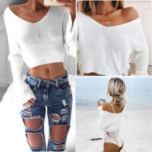 Womens Sexy Sweater White V-neck Long Sleeve Knitting Crop Top Knitwear Sweater Solid Sweaters Women