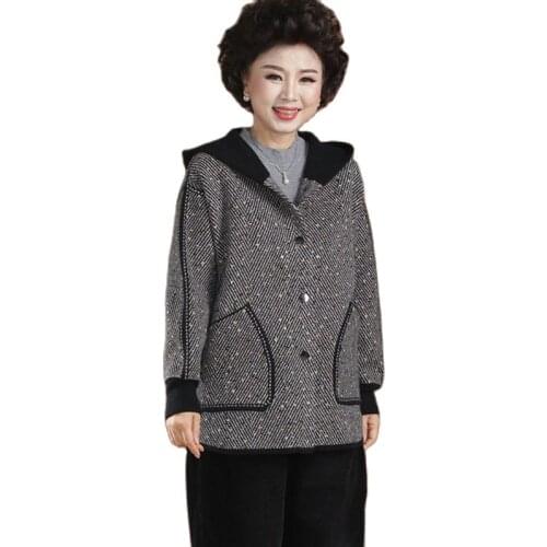 Mother Spring Hooded Knitted Cardigan Jacket 2021 Spring Autumn Middle-aged Women Short Large Size Western Thin Sweater CoatA342