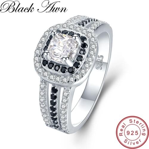 [BLACK AWN] 3.9g 925 Sterling Silver Jewelry Wedding Rings for Women Black&White Stone Engagement Ring Femme Bijoux Bague C407