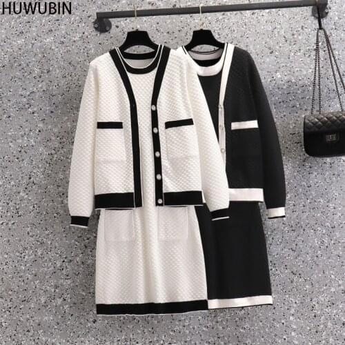 Large Womens Dress 2021 Autumn V-Neck Pocket Foreign Style Knitted Cardigan Coat + Short Sleeve Fashion Dress Two-Piece Suit