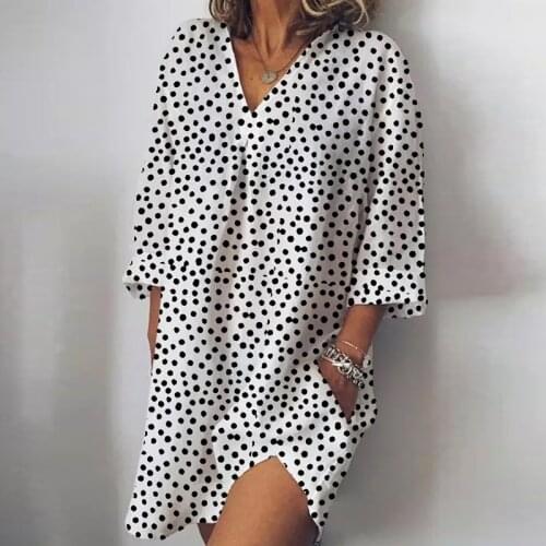 2021 Vintage Dot Print Womens V Neck Party Dress Summer Casual Three Quarter Sleeve Ladies Loose Dress Streetwear Mini Dresses