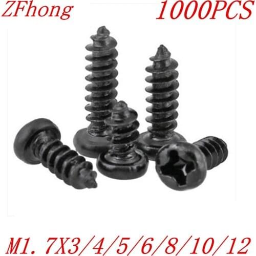 1000PCS M1.7*3/4/5/6/8/10/12 1.7mm black micro electronic screw cross recessed phillips round pan head self tapping screw