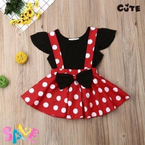 2020 Summer Baby Clothing Toddler Kid Baby Girls Solid Tops T-shirt+Bowknot Suspender Dots Print Skirt 2PCS Outfit Clothes 6M-3T