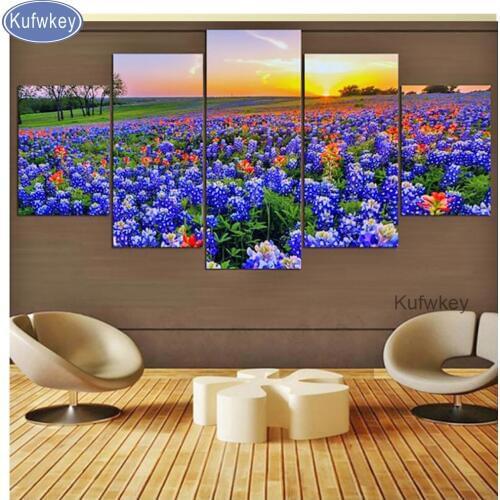 3d Sunrise Scenery blue Cornflower diamond painting 5 pcs full square/round drill mosaic diamond Diy 5d diamond embroidery sale