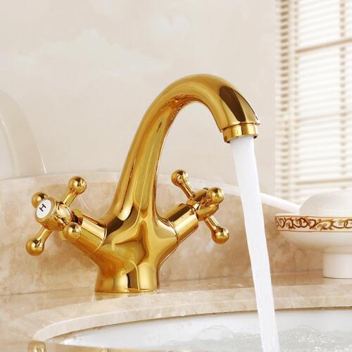 Antique Brass Bathroom Basin Faucet Vintage Double Handle Control Vessel Sink Tap Gold Hot Cold Water Mixer Tap Crane Deck Mount