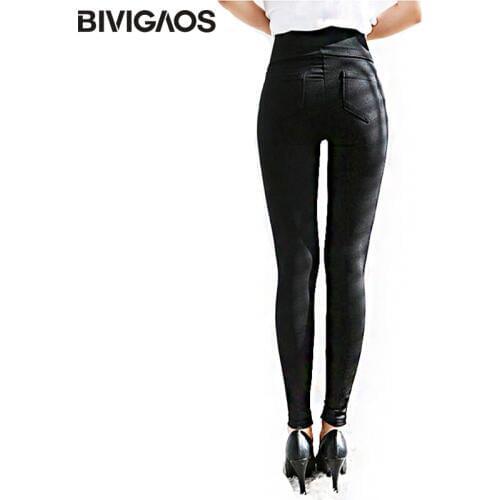 BIVIGAOS Spring Summer Fashion Womens Black Casual Elastic High Waist Leggings Trousers Pocket Pencil Pants Skinny Slim Female