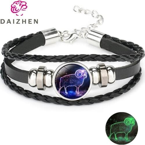 Fashion Luminous 12 Constellation Zodiac Sign Bracelet Men Leather Bracelet for Men Boy Women Girl Couple Bracelets Holiday Gift