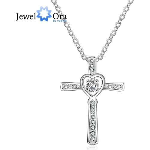 Cross With Heart 925 Sterling Silver Necklaces & Pendants CZ Stone Wedding Jewelry Necklaces For Women (JewelOra NE103156)
