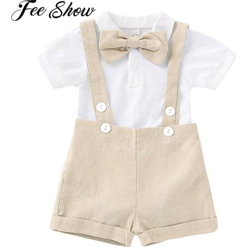 Summer Baby Boy Gentleman Outfit Formal Wedding Birthday Suits Boys Short Sleeves White Romper Suspender Pants Bow Tie 3pcs Sets