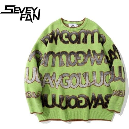 SEVEYFAN Mens Fashion Letters Jacquard Sweaters Loose Cotton Kintwear Hip Hop Pullover Sweater for Couples