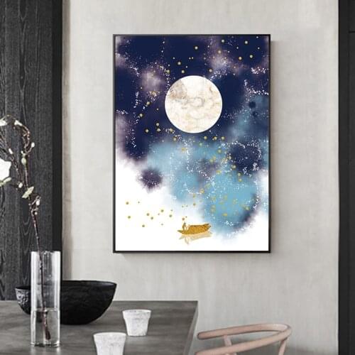 Night View of Lake Moon Boat and School of Fish Wall Poster New Chinese Style Landscape Abstract Canvas Print Painting Art Pictu
