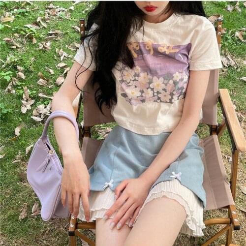 2021 Y2K new short-sleeved womens T-shirt high waist short design niche white summer