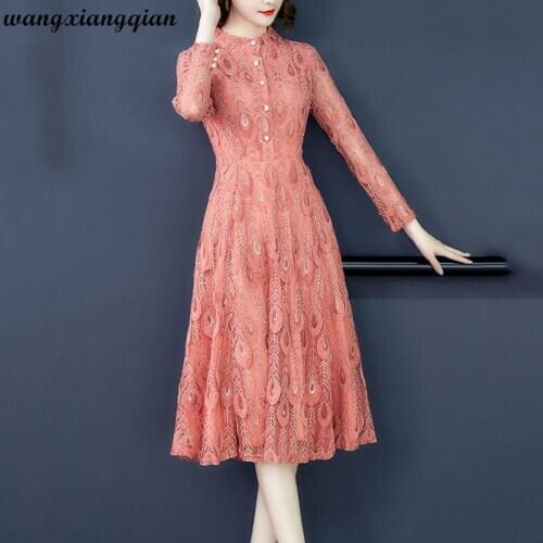 2020 new spring womens fashion long-sleeved inner dress Mid-length lace temperament embroidery base dress female A629