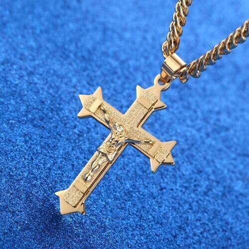 Gold tone Cross Christ Jesus Pendant Necklace Stainless Steel Link rolo Chain Heavy Men Mascot Jewelry Lucky Symbol Gift