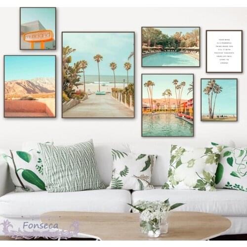 Palm Tree Beach Chair Swim Pool Canvas Painting Nordic Sunny Scenery Posters and Prints Wall Art Pictures for Living Room Decor