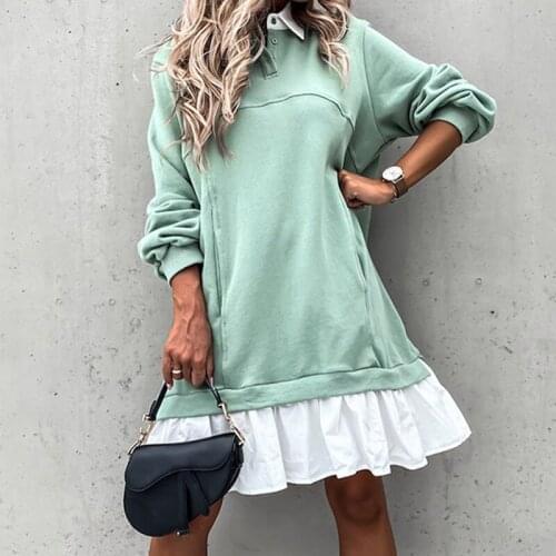 Women Autumn Loose Sweatershirt Dress Winter Long Sleeve Pleated Shirt Dress Polo Collar Female Casual Patchwork Hoodies Dresses