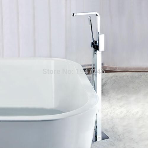 Polished Chrome Purist Floor Mounted Roman Tub Faucet Trim with Metal Lever Handle and Built-In Diverter With Hand Shower