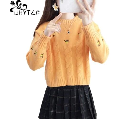 UHYTGF Womens Sweaters Embroidered Pullover Knitted Autumn Winter Top Female Long Sleeve O Neck Loose Elegant Short Clothes 1441