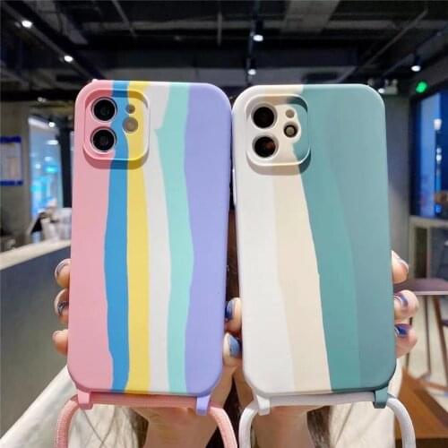 Rainbow Liquid Silicone Case Cover For iPhone 12 Pro 11 Phone Cases With Lanyard for iphone 11 pro max xs max xr x 6 s 7 8 plus