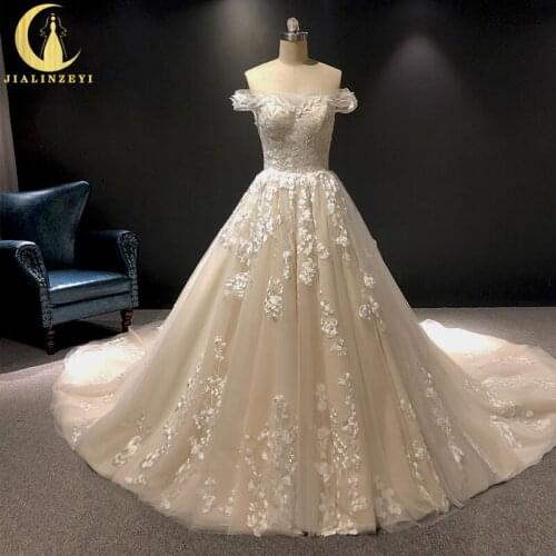 JIALINZEYI Real Picture Off the shoulder Lace Flowers A-line Bridal Wedding Dresses wedding gown 2021