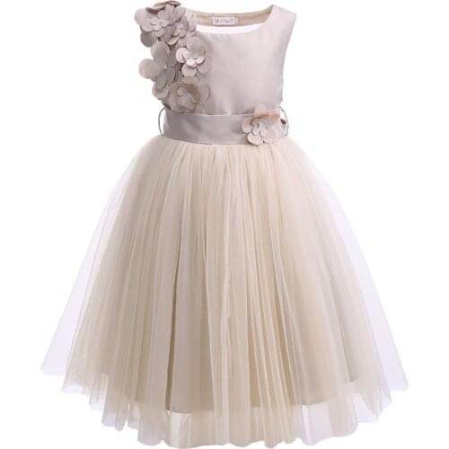 Girl Pretty Tulle Layered Dress Champagne Color Flower Fancy Party Children Ware Size 4 5 6 7 8 9 10 11 12 Years Old 2021 New