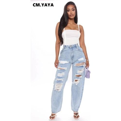 CM.YAYA Cut Out Hole Washed Denim Pants Women Retro Straight Jeans Trousers Streetwear High Waist Lady Pants